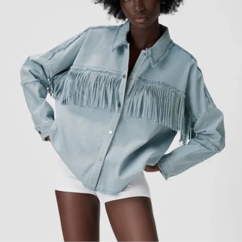 Zara Light Blue Denim Fringe Jean Jacket